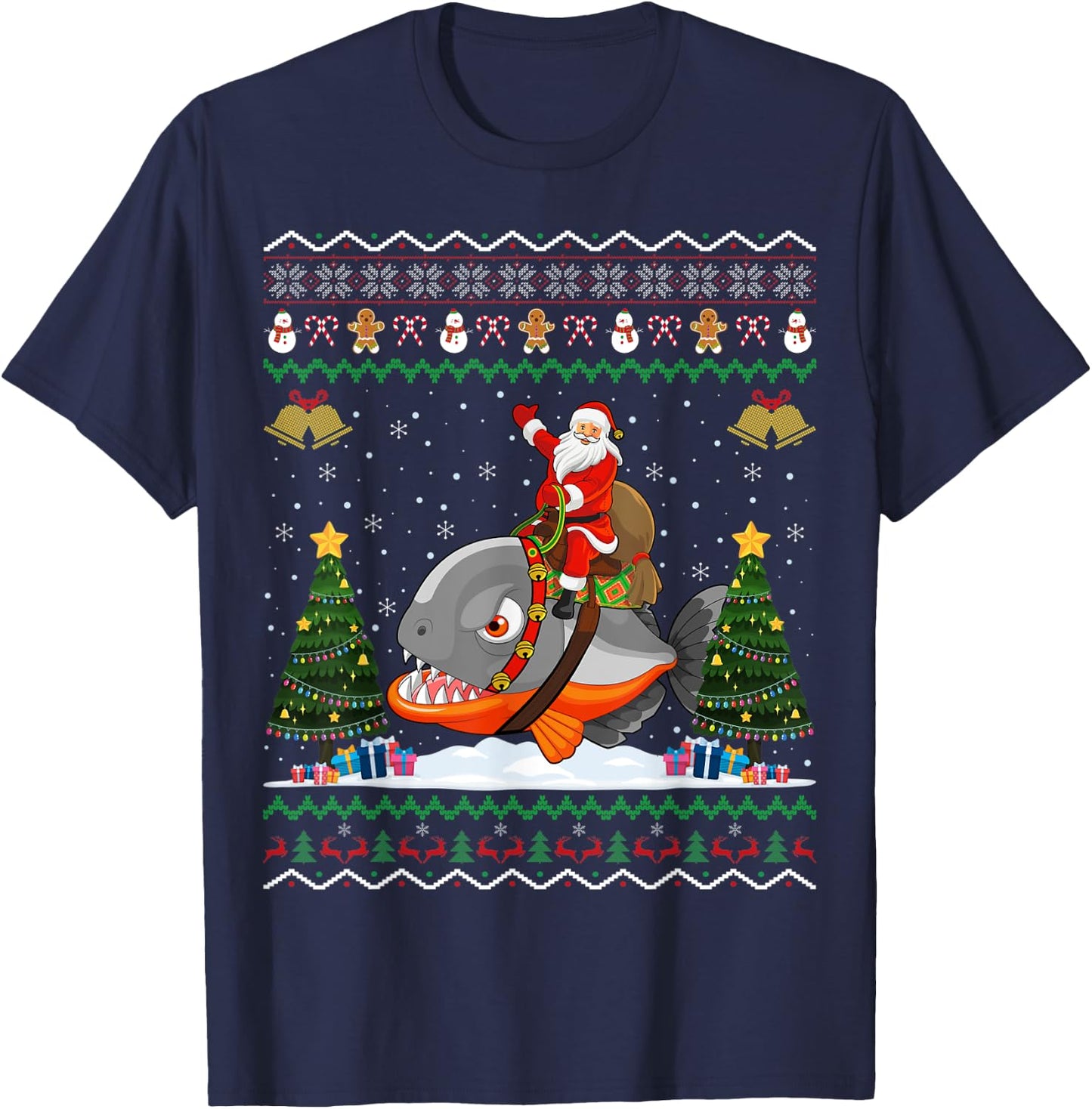Piranha Ugly Xmas Gift Santa Riding Piranha Christmas T-Shirt - T-Shirt | Navy