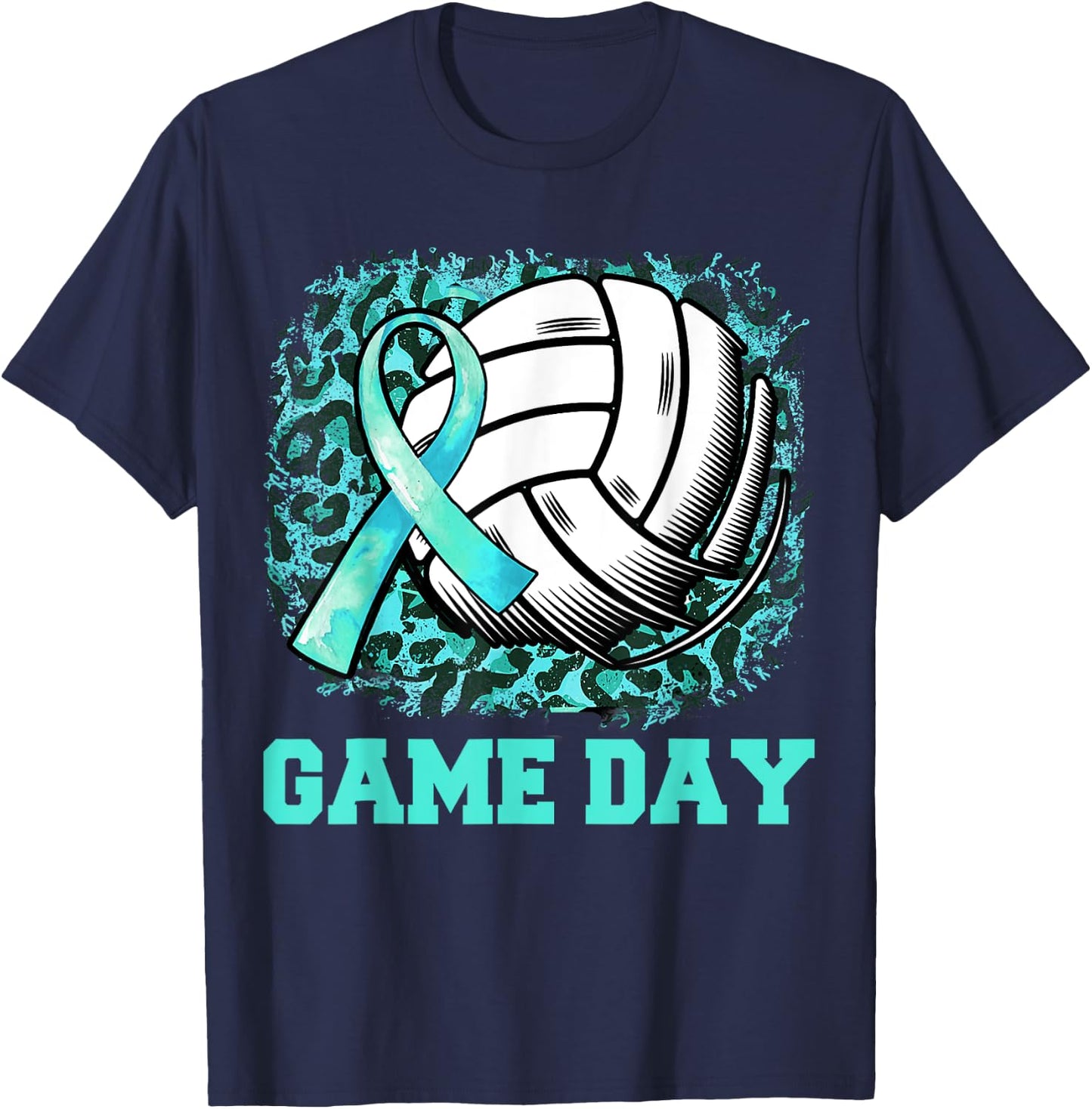 Game Day Cervical Cancer Awareness Ribbon Teal Volleyball T-Shirt - T-Shirt | Navy