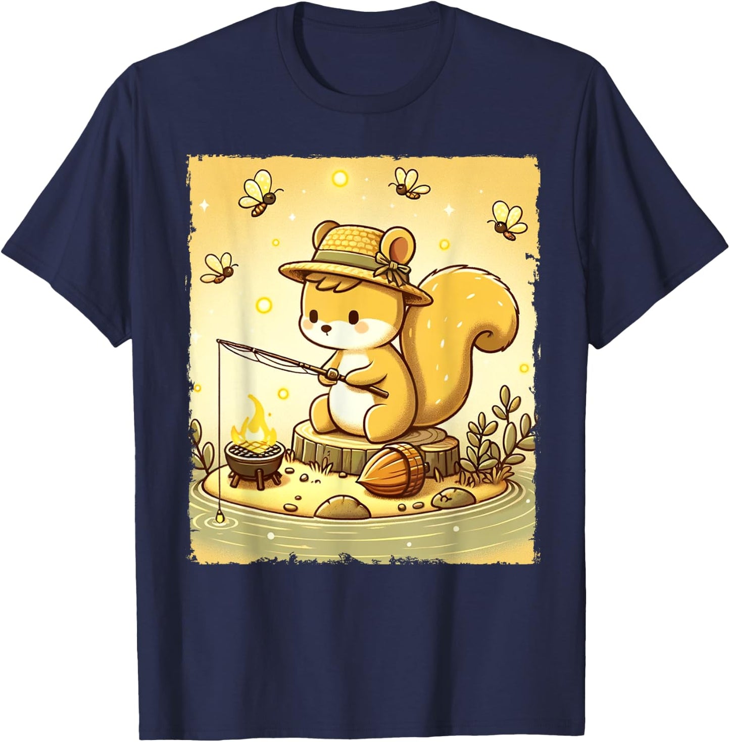 Fishing Squirrel Camping Starry Night Kids T-Shirt - T-Shirt | Navy