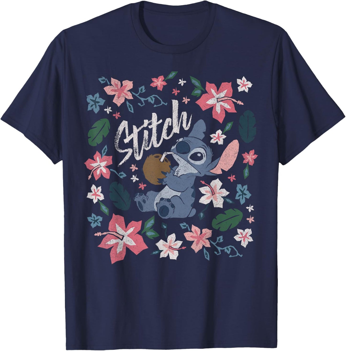 Disney Lilo & Stitch Floral Stitch Coconut Portrait Short Sleeve T-Shirt - T-Shirt | Navy