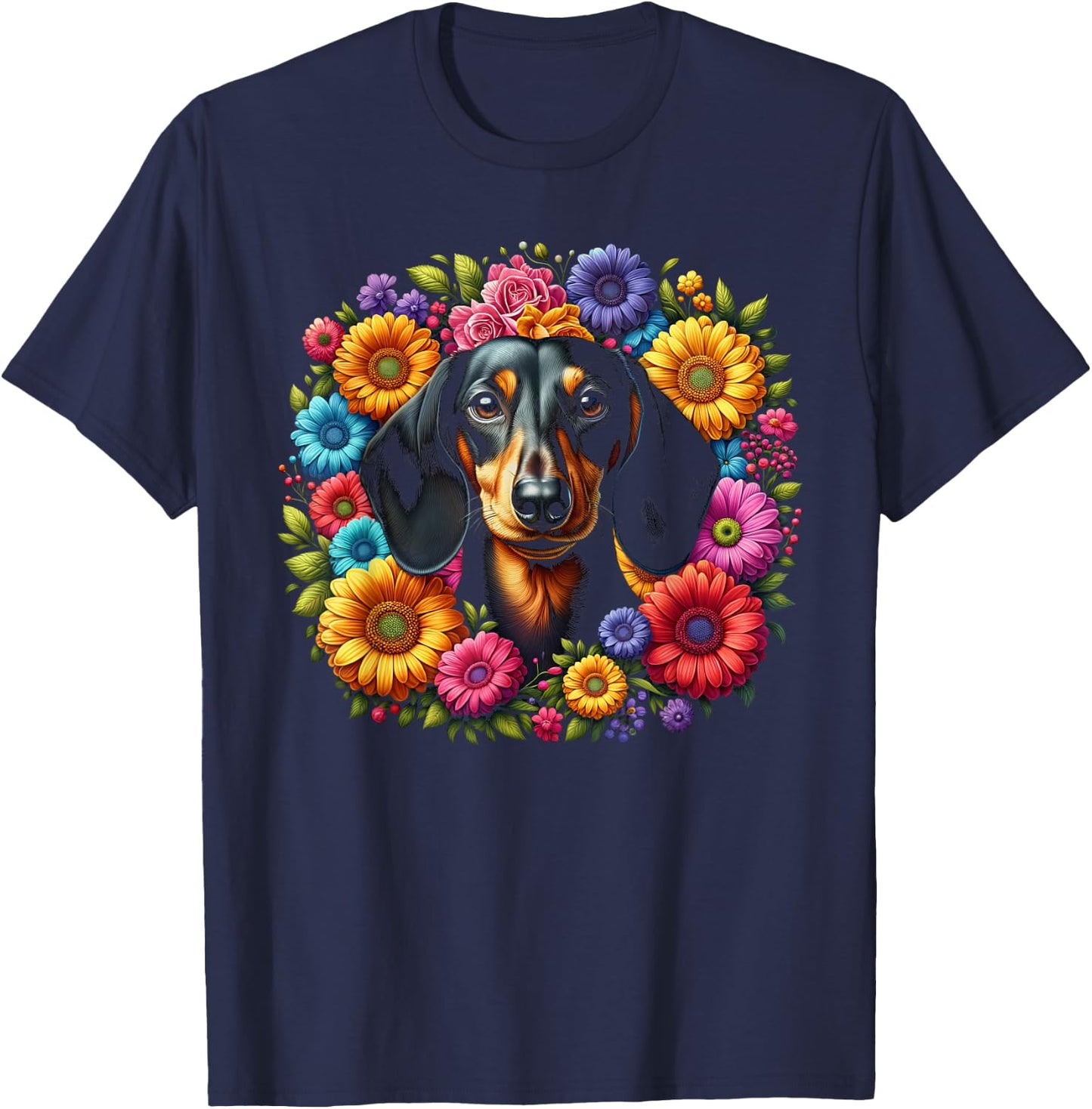Cute Dachshund with Colourful Flowers T-Shirt - T-Shirt | Navy