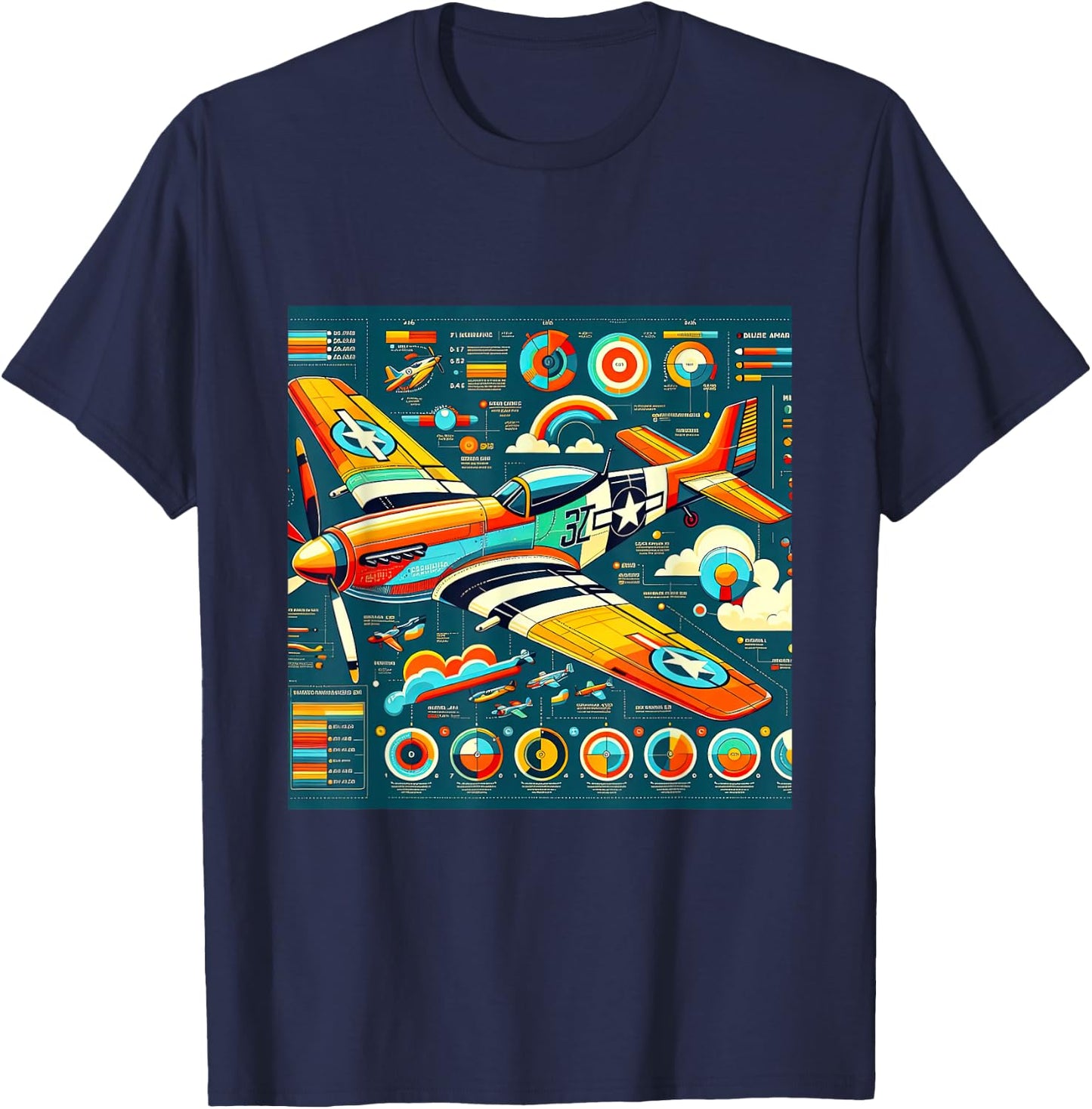 P51 Mustang WW2 Warplane Airplane Infographics T-Shirt - T-Shirt | Navy