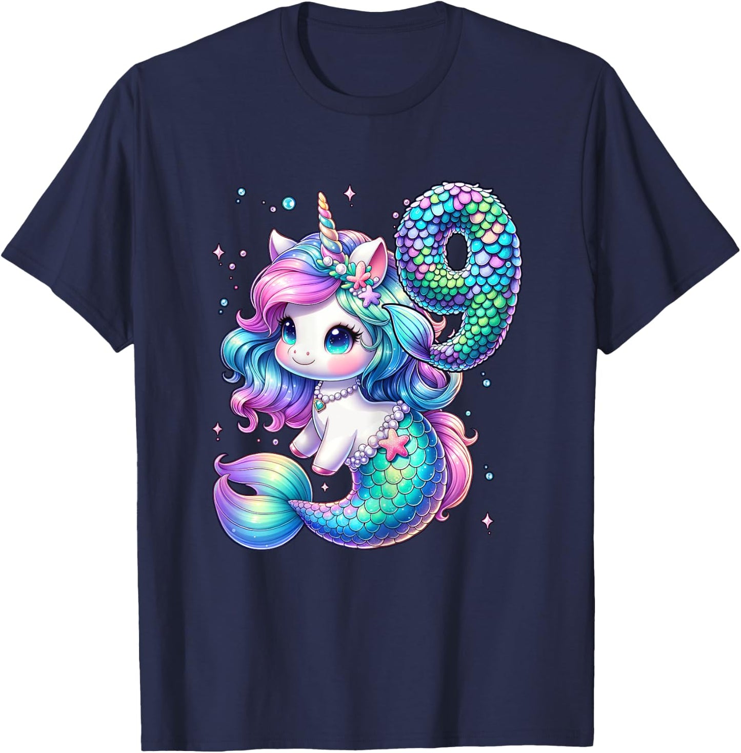Unicorn Mermaid 9th Birthday 9 Year Old Party Girls Outfit T-Shirt - T-Shirt | Navy