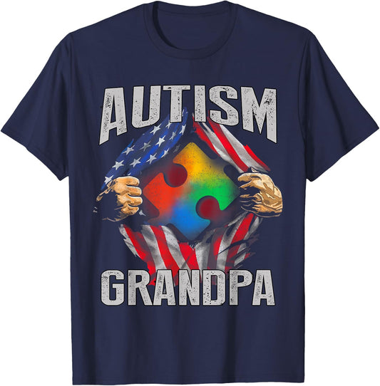 Autism Grandpa American Flag Autism Awareness T-Shirt - T-Shirt | Navy