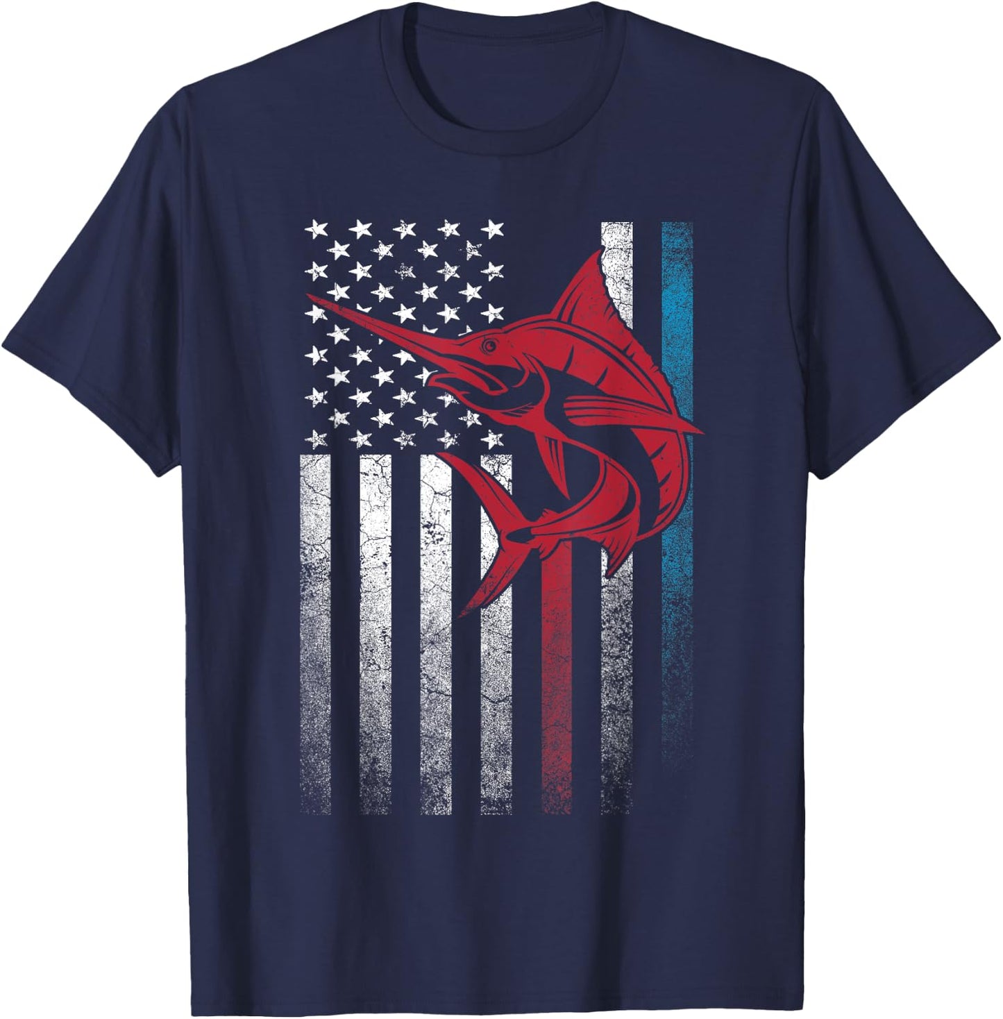 Fishing Marlin Swordfish Fish 4th of July American Flag USA Women Kids Men T-Shirt - T-Shirt | Navy