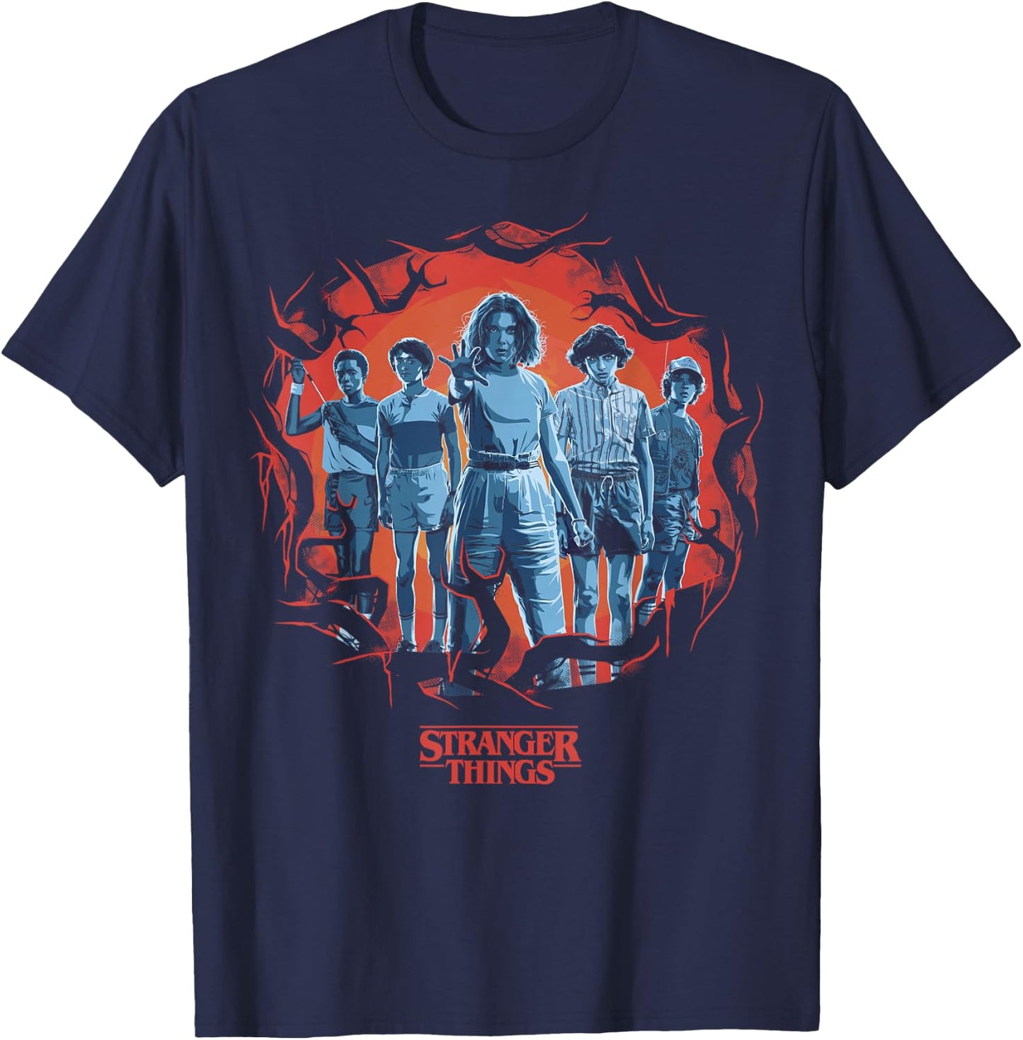 Stranger Things Group Shot Demogorgon Framed Short Sleeve T-Shirt - T-Shirt | Navy