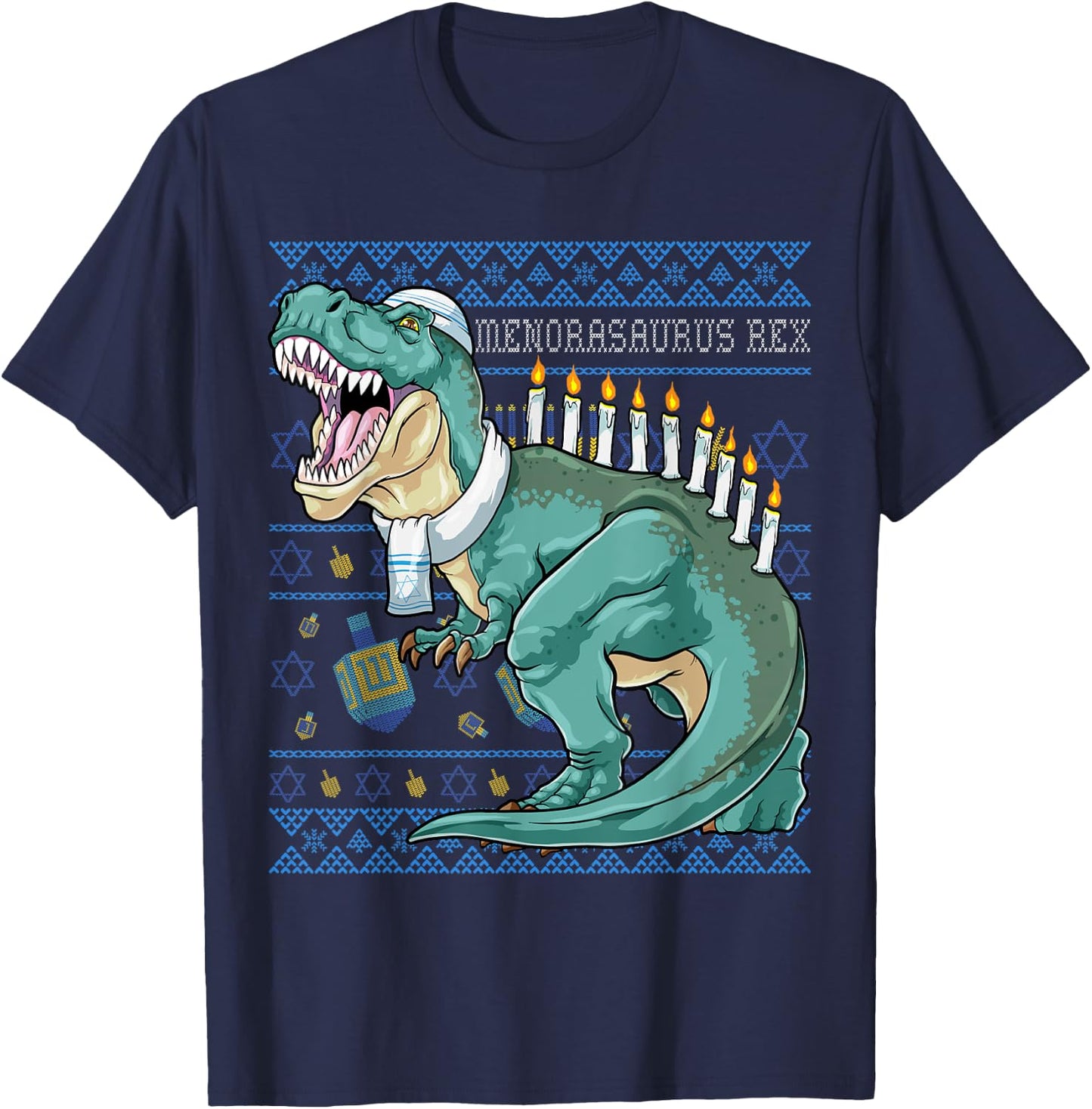 Menorasaurus Rex Hanukkah Shirt Jewish Dinosaur Menorah T-Shirt - T-Shirt | Navy