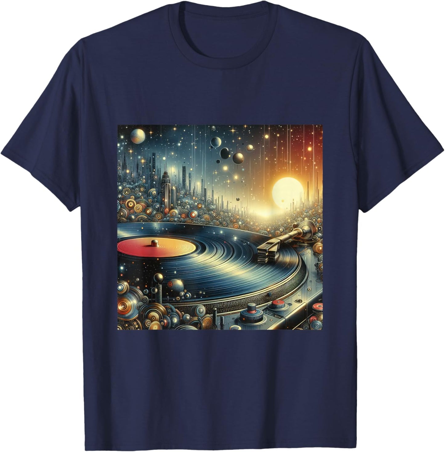 Futuristic Space City Vinyl Record Player Sci-Fi Cityscape T-Shirt - T-Shirt | Navy