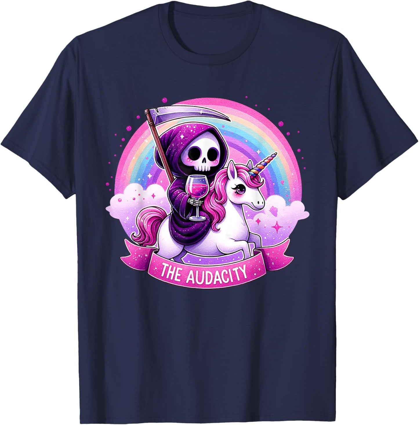 The Audacity Skeleton Riding Unicorn Rainbow Halloween Women T-Shirt - T-Shirt | Navy