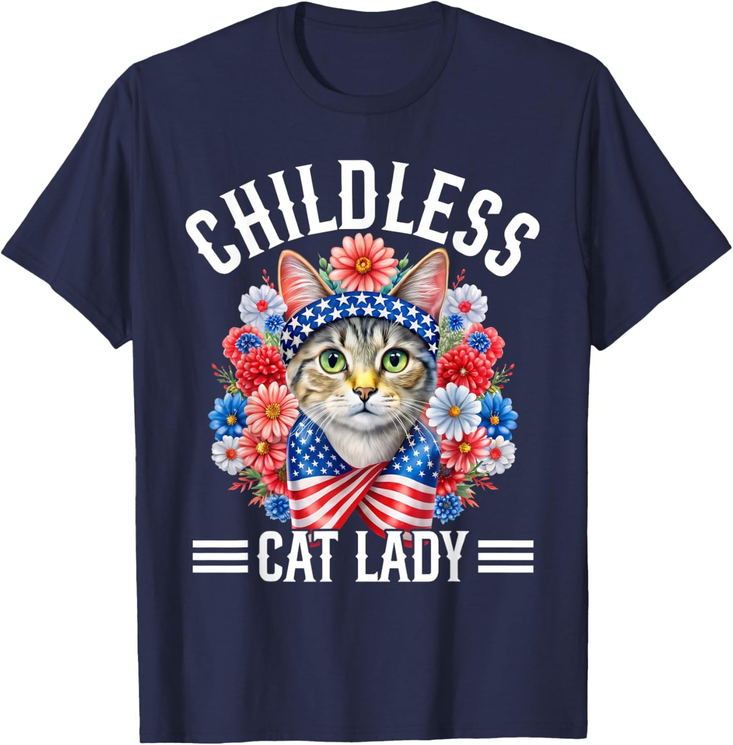 Childless Cat Lady Feminist Voting American Flag T-Shirt - T-Shirt | Navy
