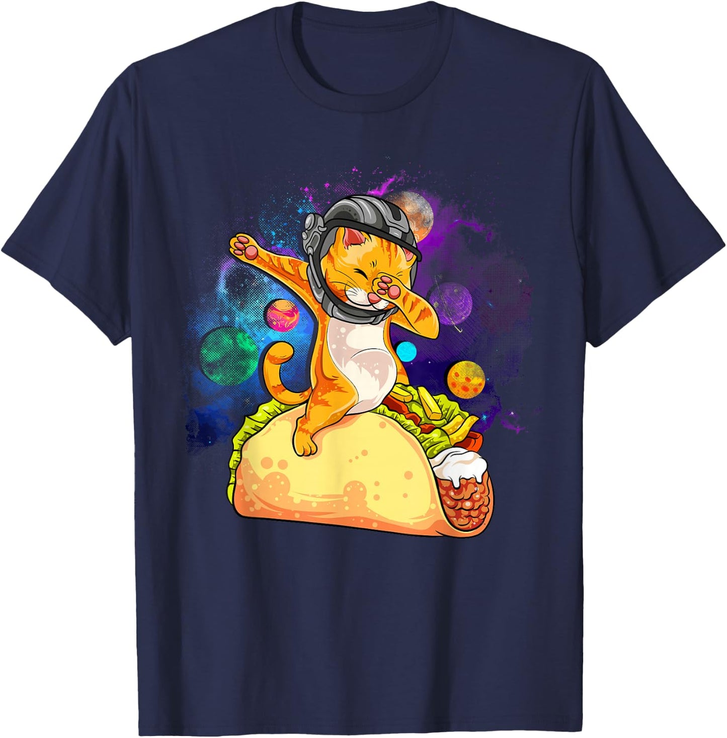 Funny Dabbing Cat Astronaut In Space Riding Taco T-Shirt - T-Shirt | Navy