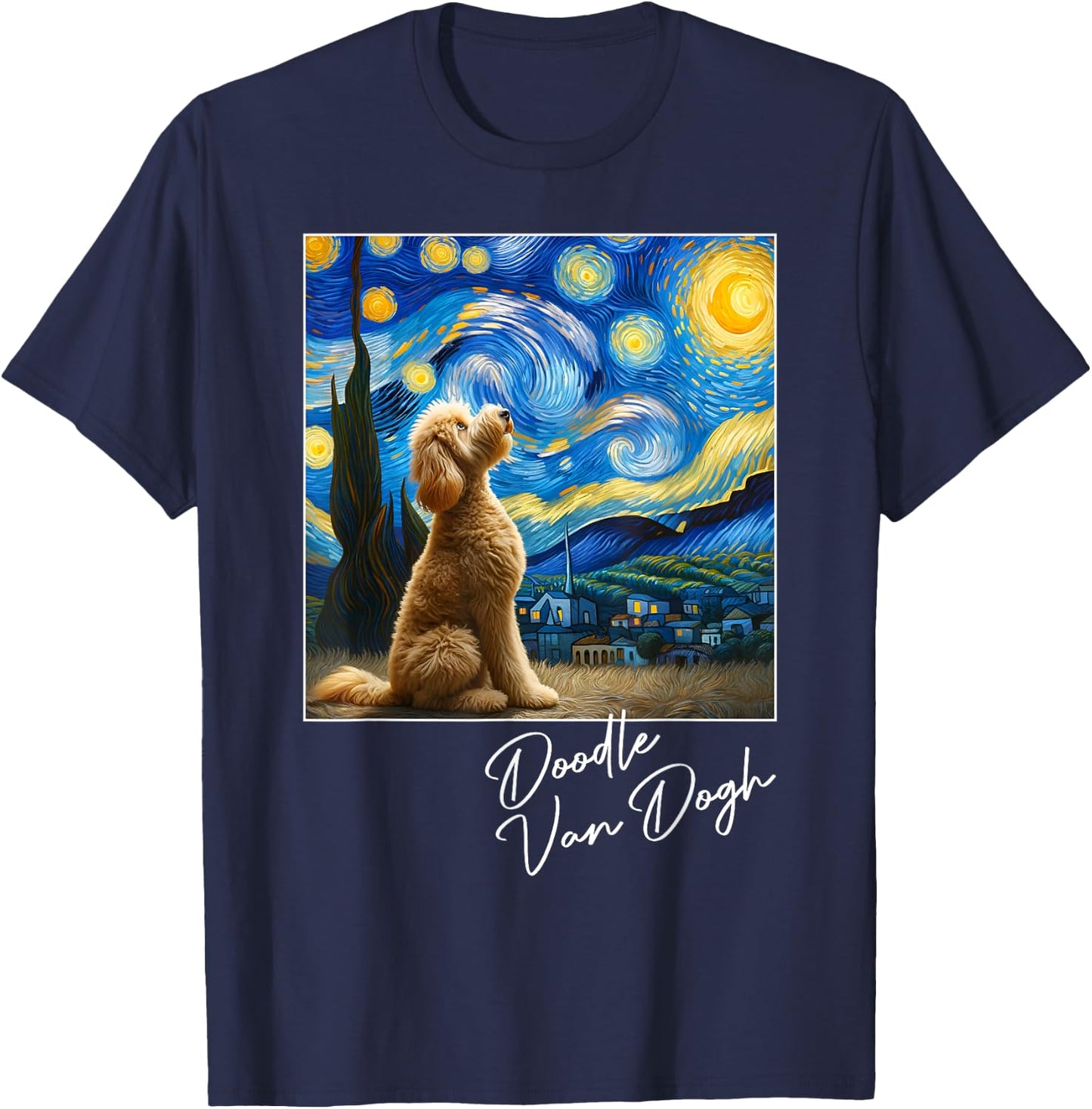 Van Gogh Starry Night Goldendoodle Dog Art Golden Doodle Dog Women Girls Kids T-Shirt - T-Shirt | Navy