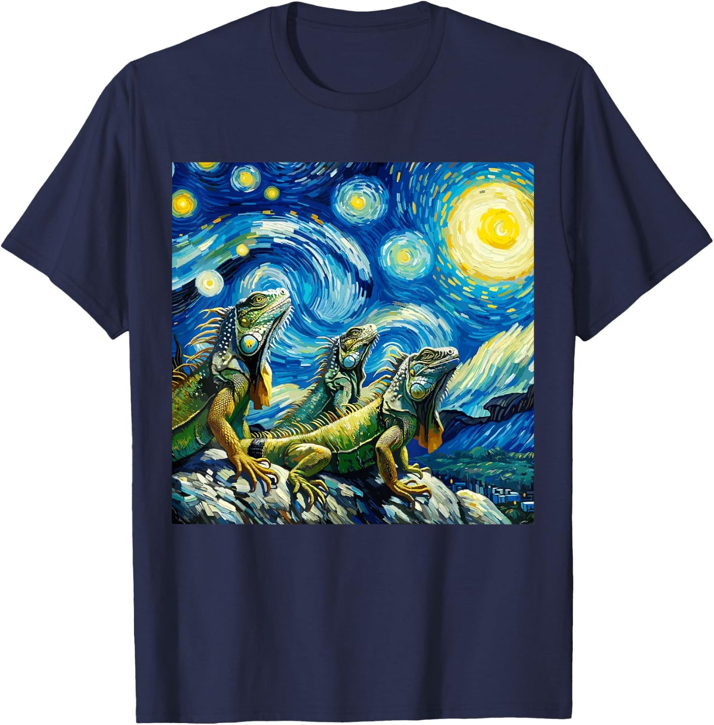 Iguana Motif Lizard Three Lizards Moon Howling Starry Night T-Shirt - T-Shirt | Navy