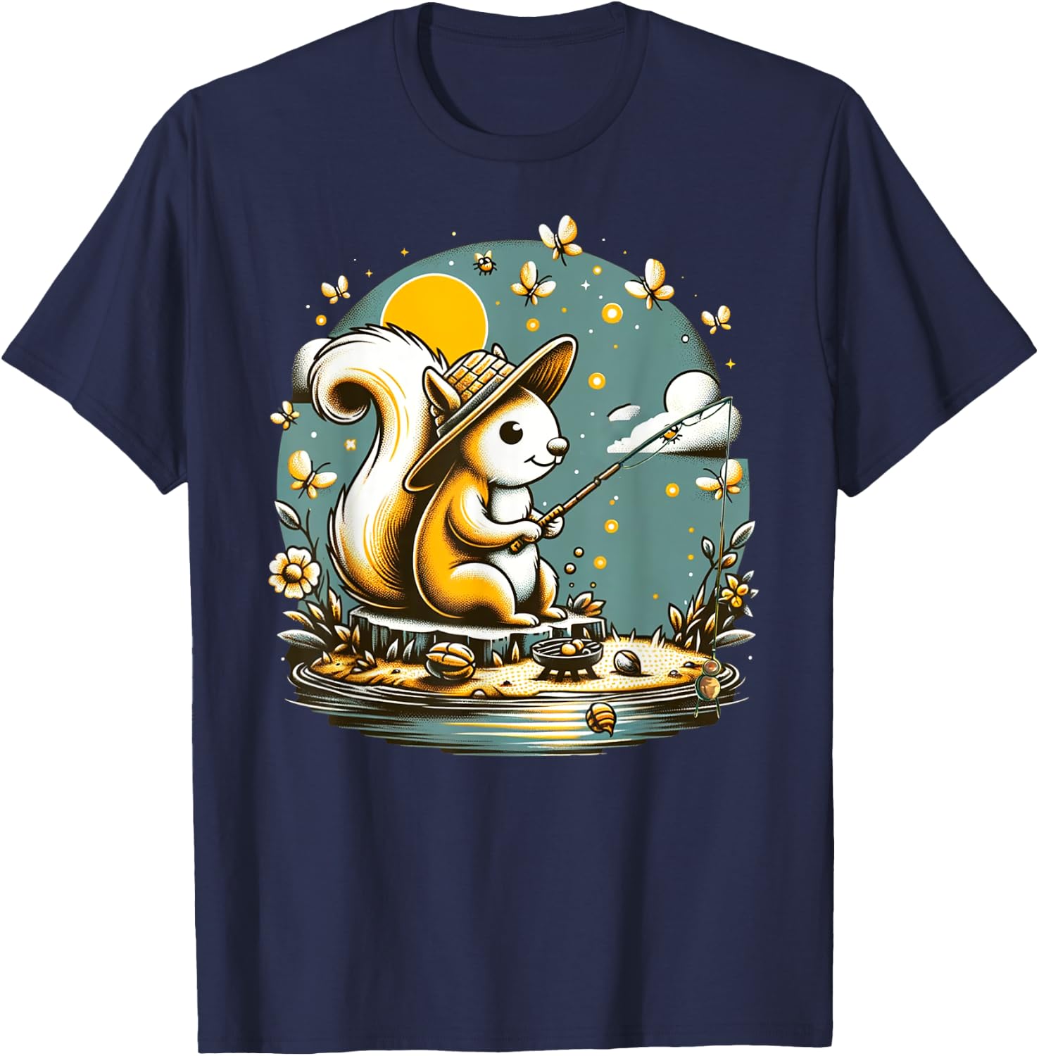 Fishing Squirrel Camping Starry Night Kids T-Shirt - T-Shirt | Navy