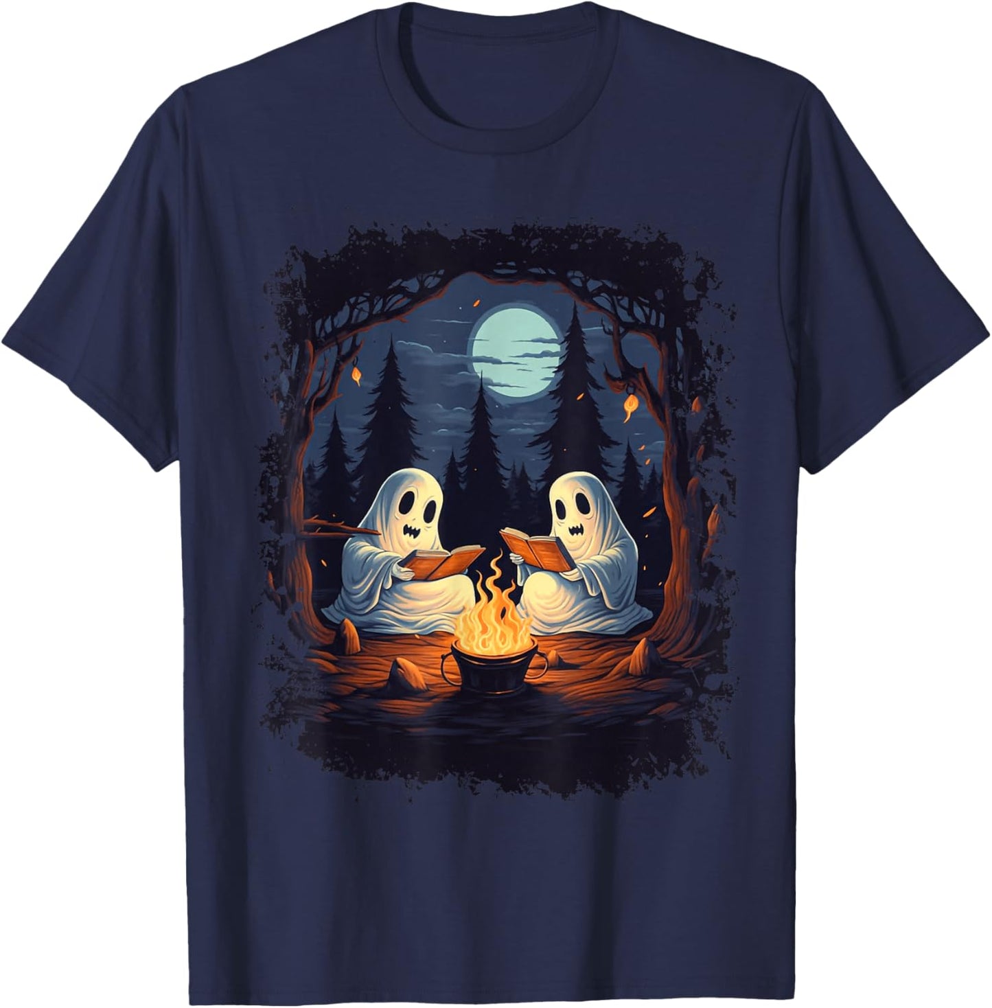 Retro Ghost Reading Books Camping Campfire Gothic Halloween T-Shirt - T-Shirt | Navy