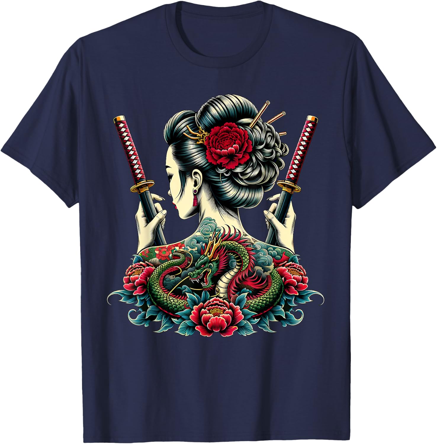 Geisha Warrior, Katana Sword with Peony flower Dragon Tattoo T-Shirt - T-Shirt | Navy