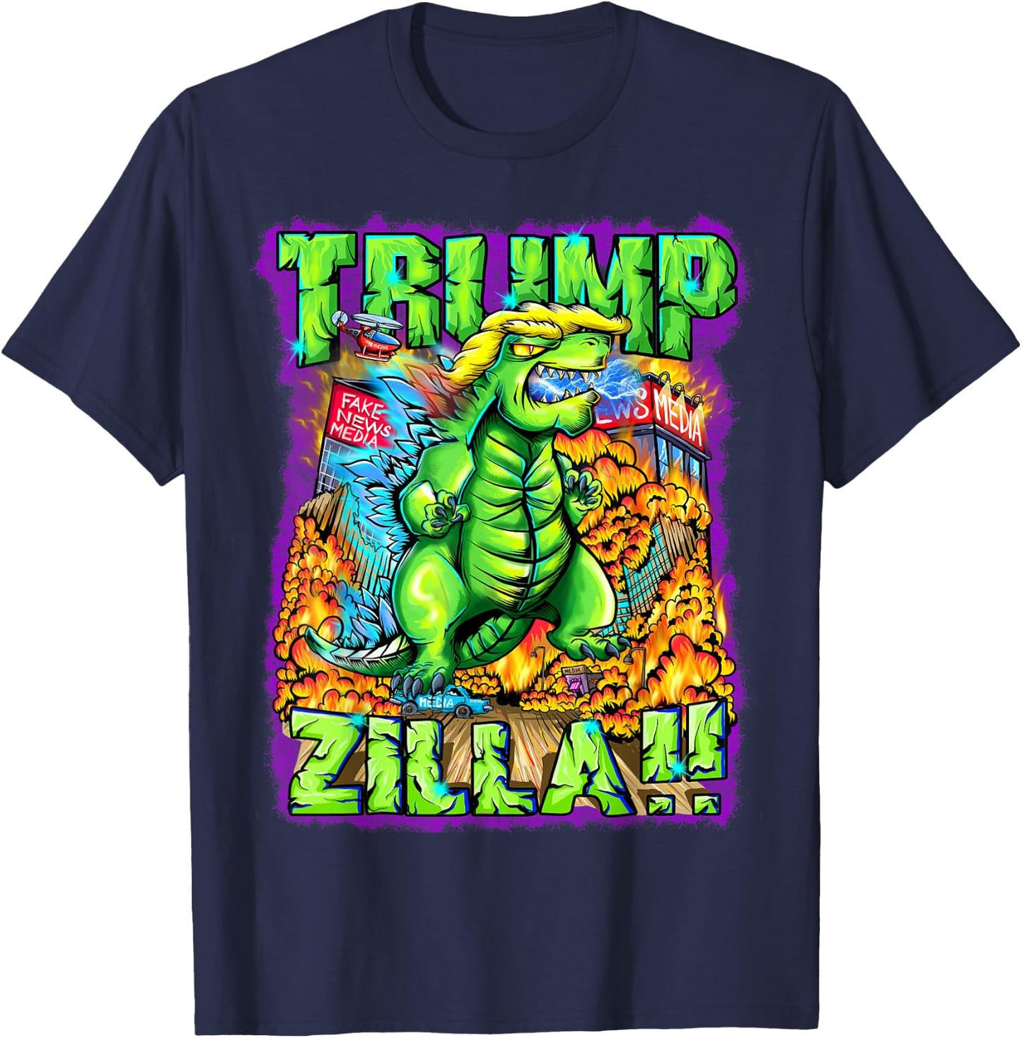 Donald Trump Gift Trumpzilla Battles The Fake News Media T-Shirt - T-Shirt | Navy