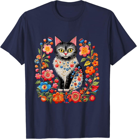Cat flowers Embroidery stitched cottage core colorful Women Kids T-Shirt - T-Shirt | Navy