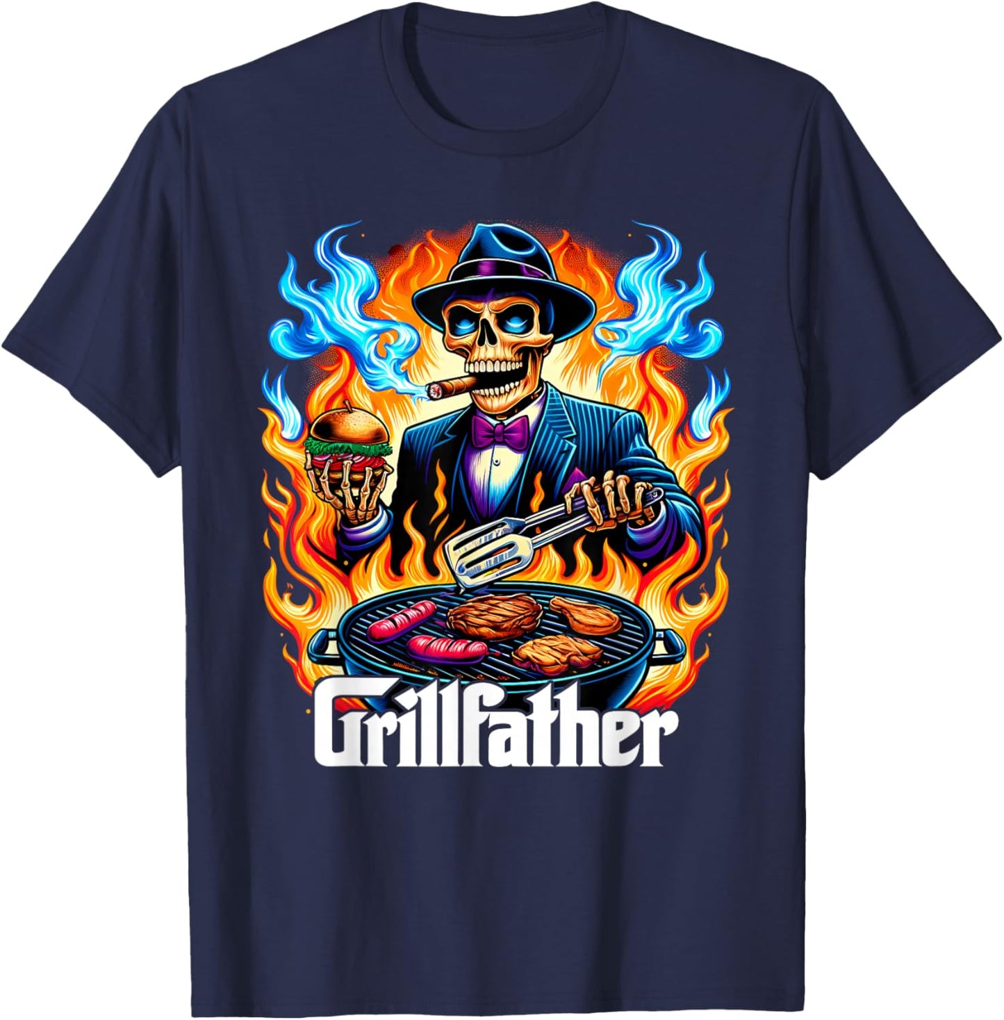 The Grillfather BBQ Grill & Smoker Barbecue Chef Skeleton T-Shirt - T-Shirt | Navy