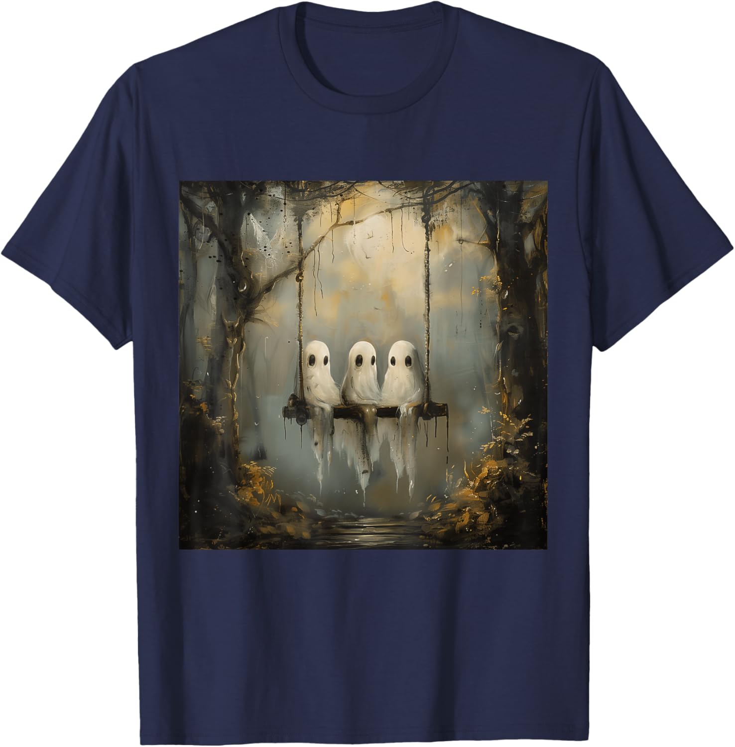 Vintage Floral Ghost On The Swing In Forest Halloween Gothic T-Shirt - T-Shirt | Navy
