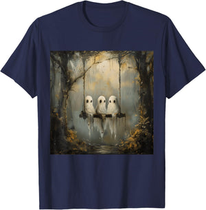Vintage Floral Ghost On The Swing In Forest Halloween Gothic T-Shirt - T-Shirt | Navy