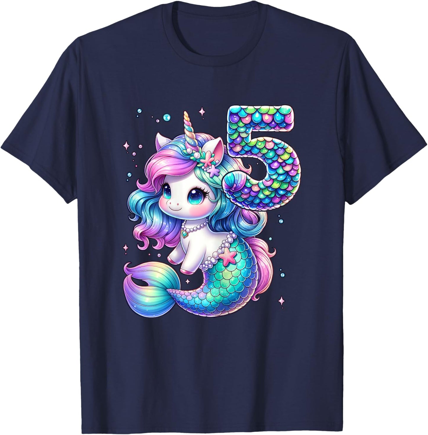 Unicorn Mermaid 5th Birthday 5 Year Old Party Girls Outfit T-Shirt - T-Shirt | Navy