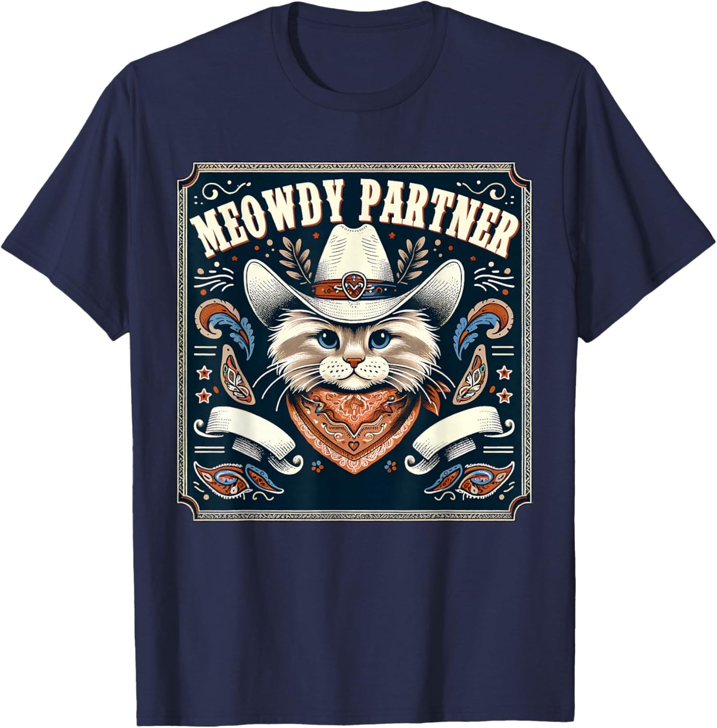 Cat Cowboy Funny Mashup Meowdy Partner Poster Western T-Shirt - T-Shirt | Navy