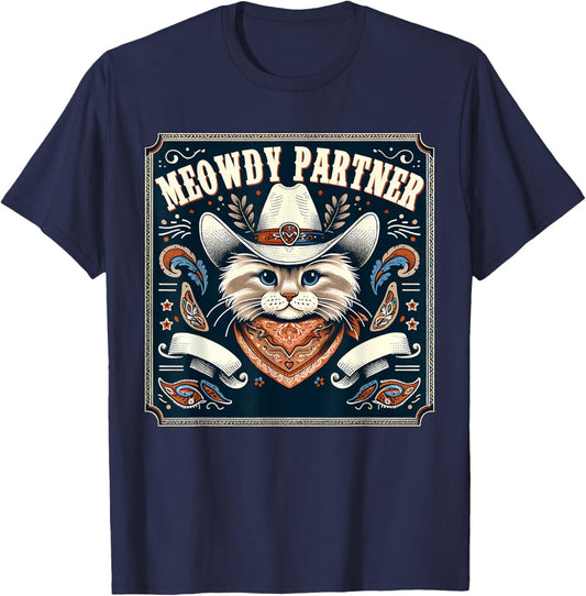 Cat Cowboy Funny Mashup Meowdy Partner Poster Western T-Shirt - T-Shirt | Navy