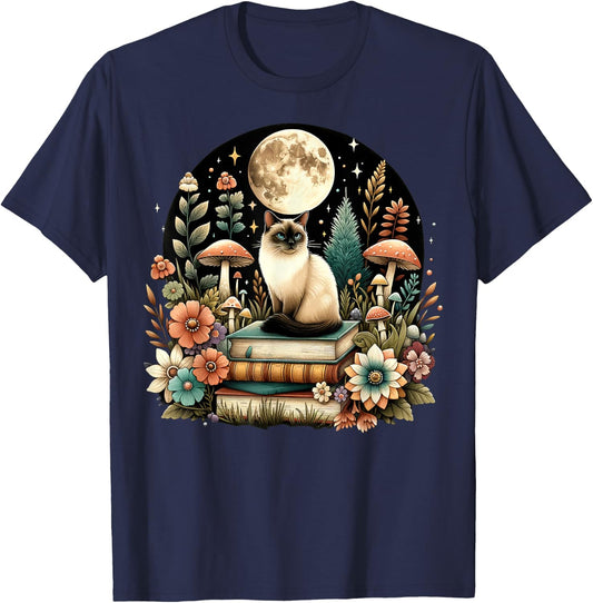 Cute Mushroom Cottagecore Aesthetic Siamese cat T-Shirt - T-Shirt | Navy