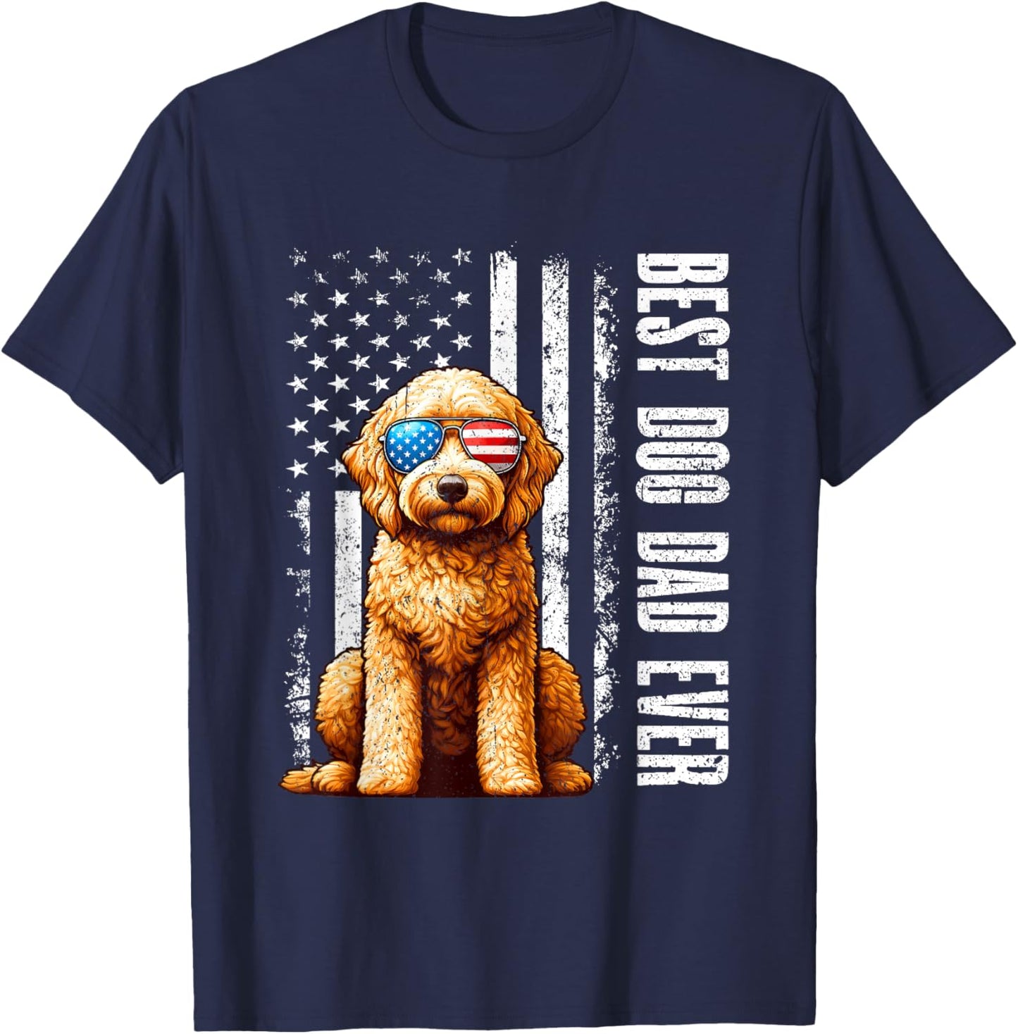 Vintage Best Dog Dad Ever Goldendoodle Dog American Flag T-Shirt - T-Shirt | Navy