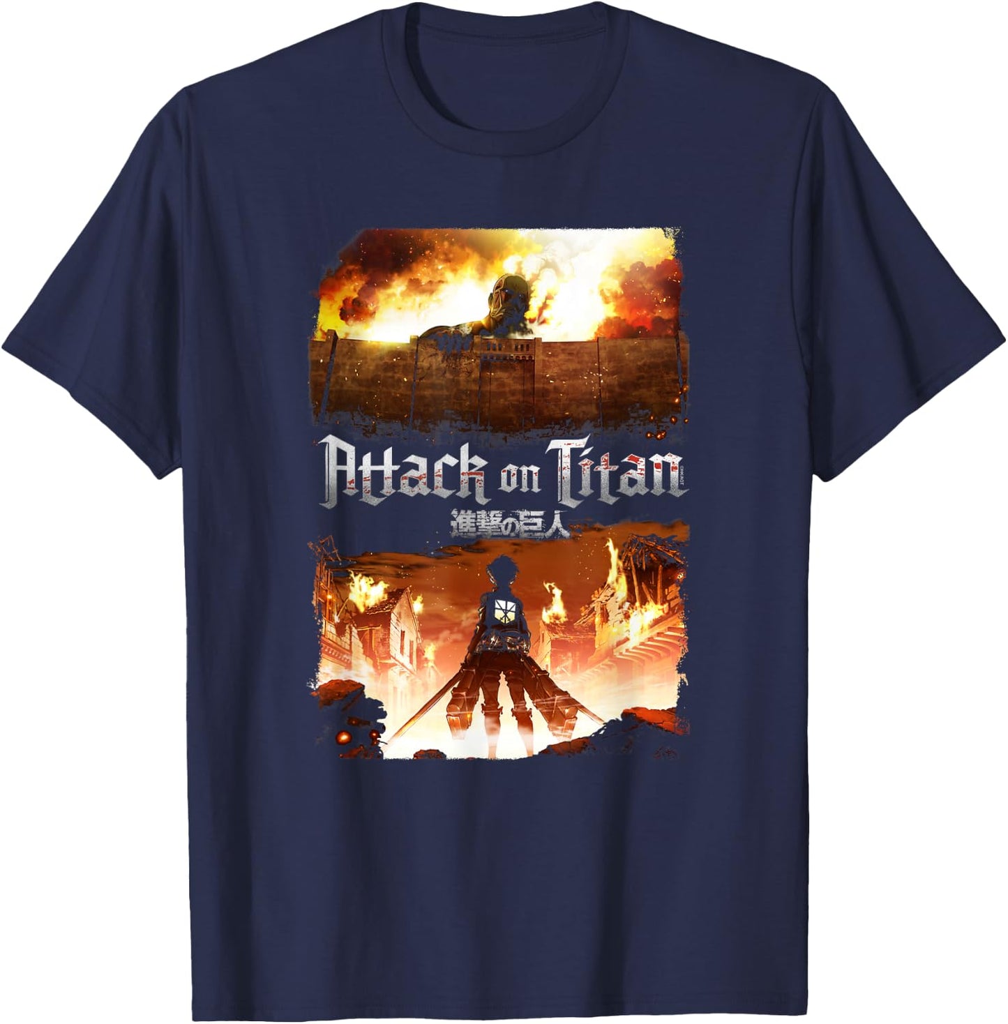 Attack on Titan Key Art Flaming Attack Scene AOT Anime T-Shirt - T-Shirt | Navy