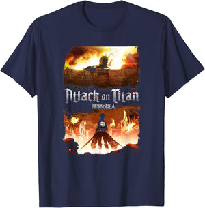 Attack on Titan Key Art Flaming Attack Scene AOT Anime T-Shirt - T-Shirt | Navy