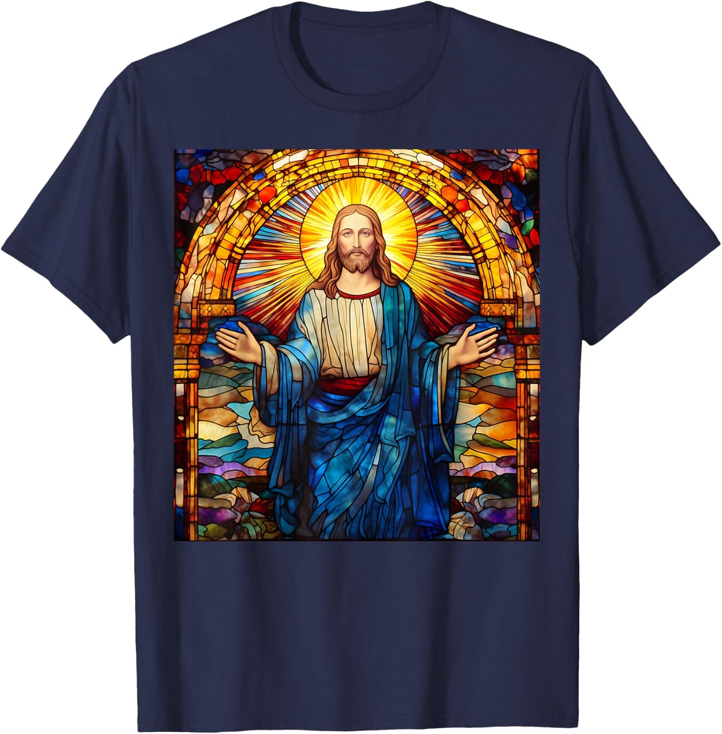 Jesus Christ Stained Glass Christian T-Shirt - T-Shirt | Navy