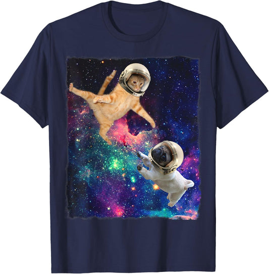Cute Space Cat vs Pug Galaxy Epic Fight In Outer Space T-Shirt - T-Shirt | Navy