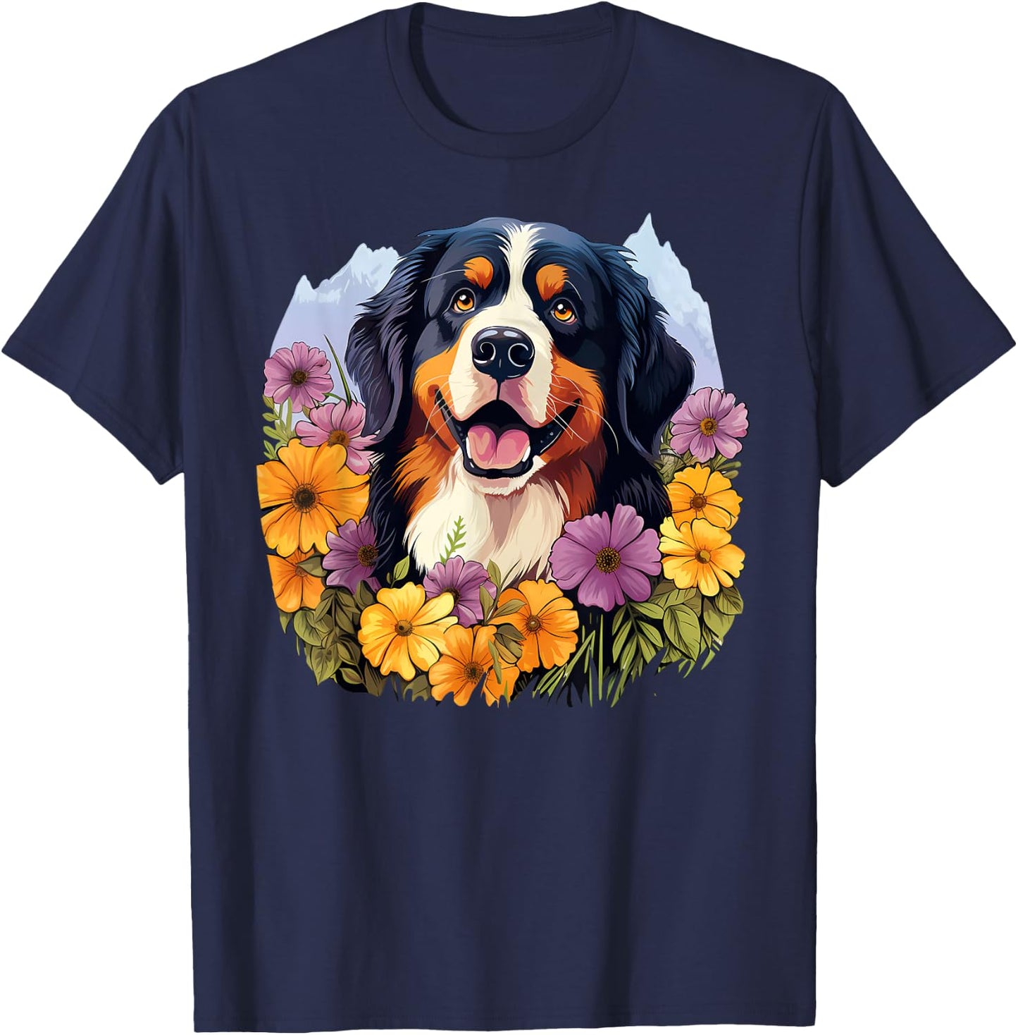 Cute Bernese Mountain Dog in Spring Flower Garden Puppy Men Women Girls Kids T-Shirt - T-Shirt | Navy