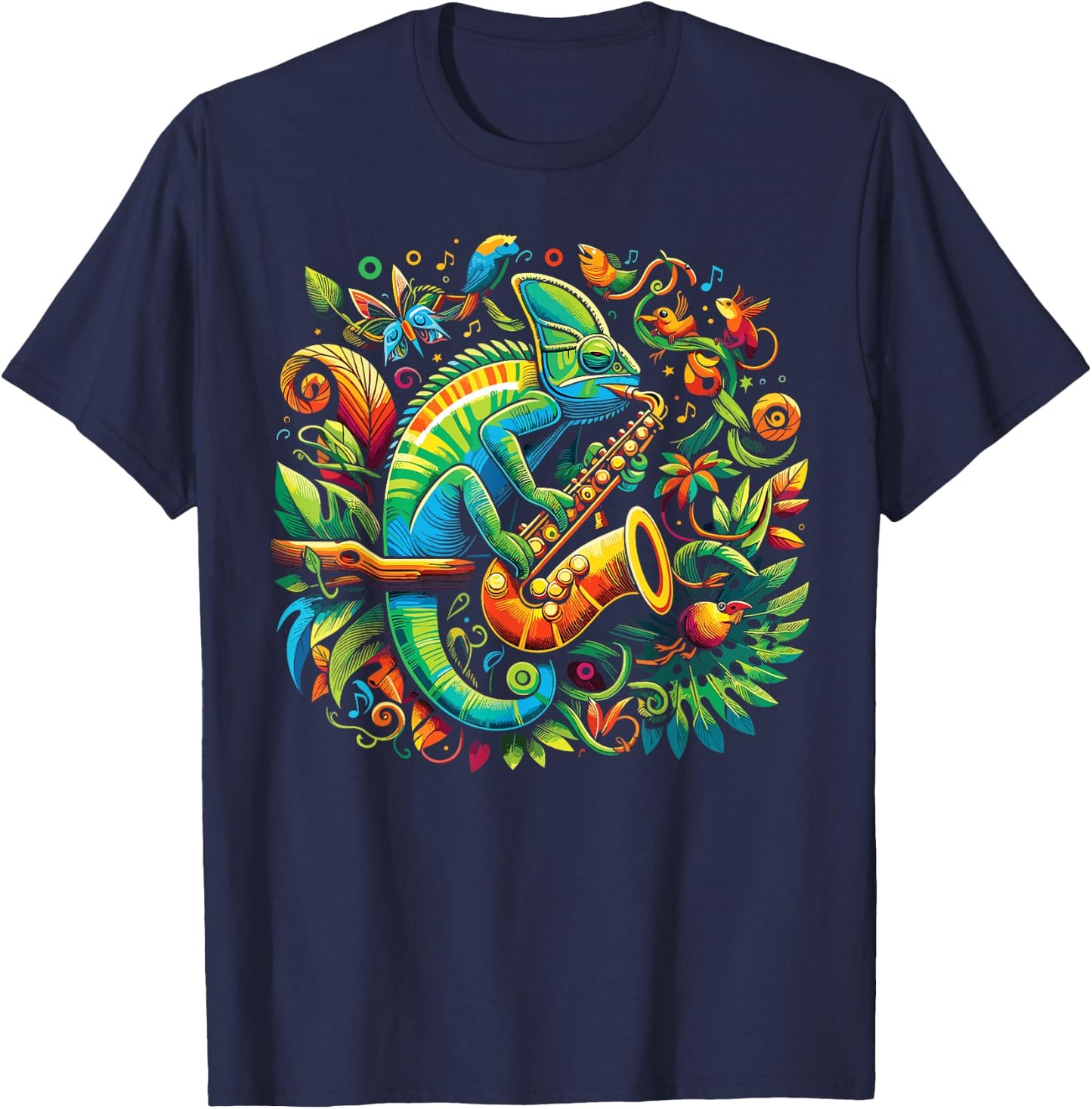Colorful Chameleon Playing Saxophone | Sax Music Art T-Shirt - T-Shirt | Navy