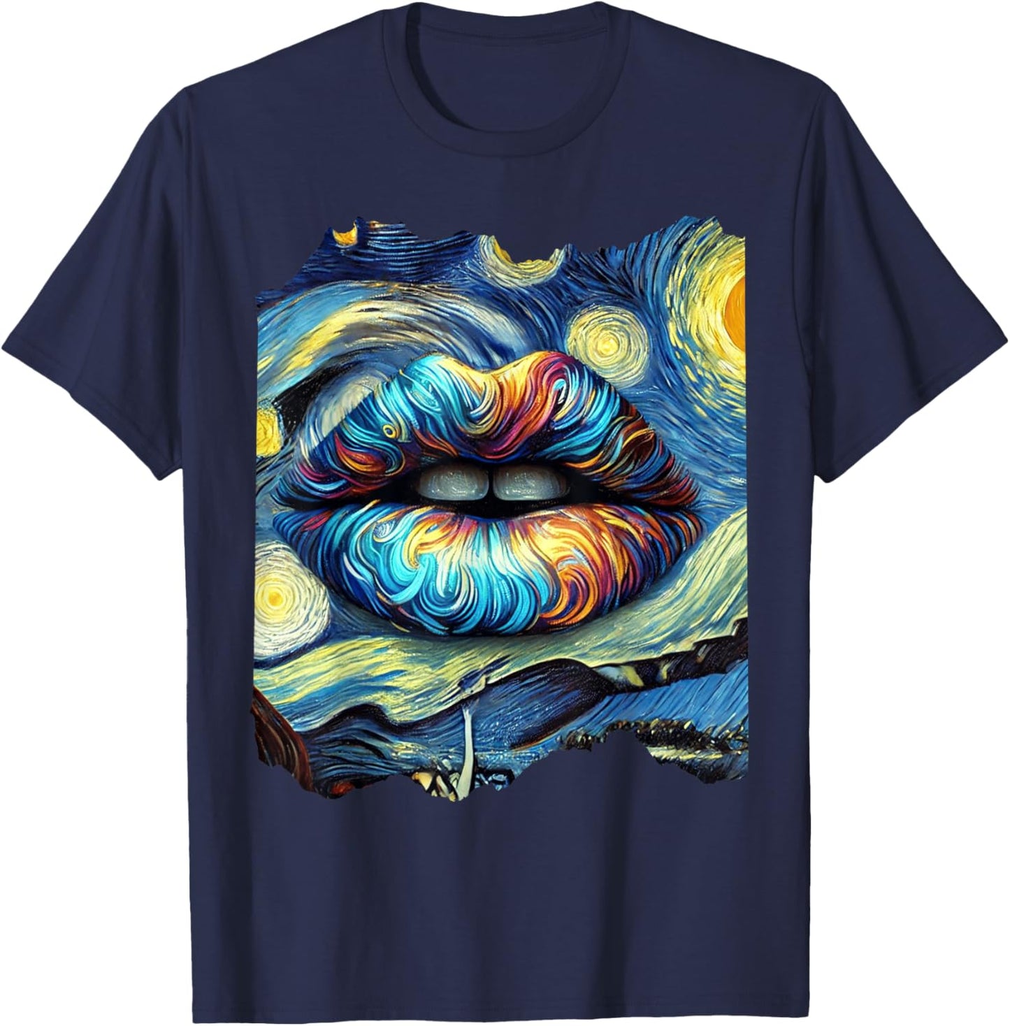 Lips Fashion Van Gogh Art Painting Star Sky Night Lips T-Shirt - T-Shirt | Navy