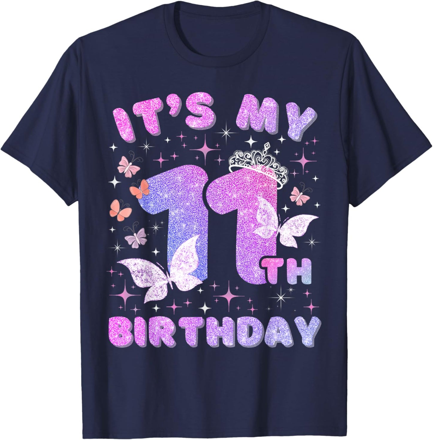 Kids 11 Years Princess Butterfly Its My 11th Birthday Girls T-Shirt - T-Shirt | Navy