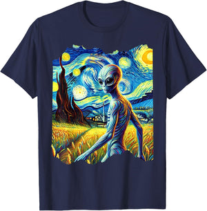 Alien Van Gogh Art Painting Star Sky Night Aliens T-Shirt - T-Shirt | Navy