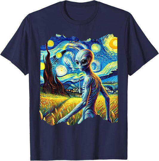 Alien Van Gogh Art Painting Star Sky Night Aliens T-Shirt - T-Shirt | Navy