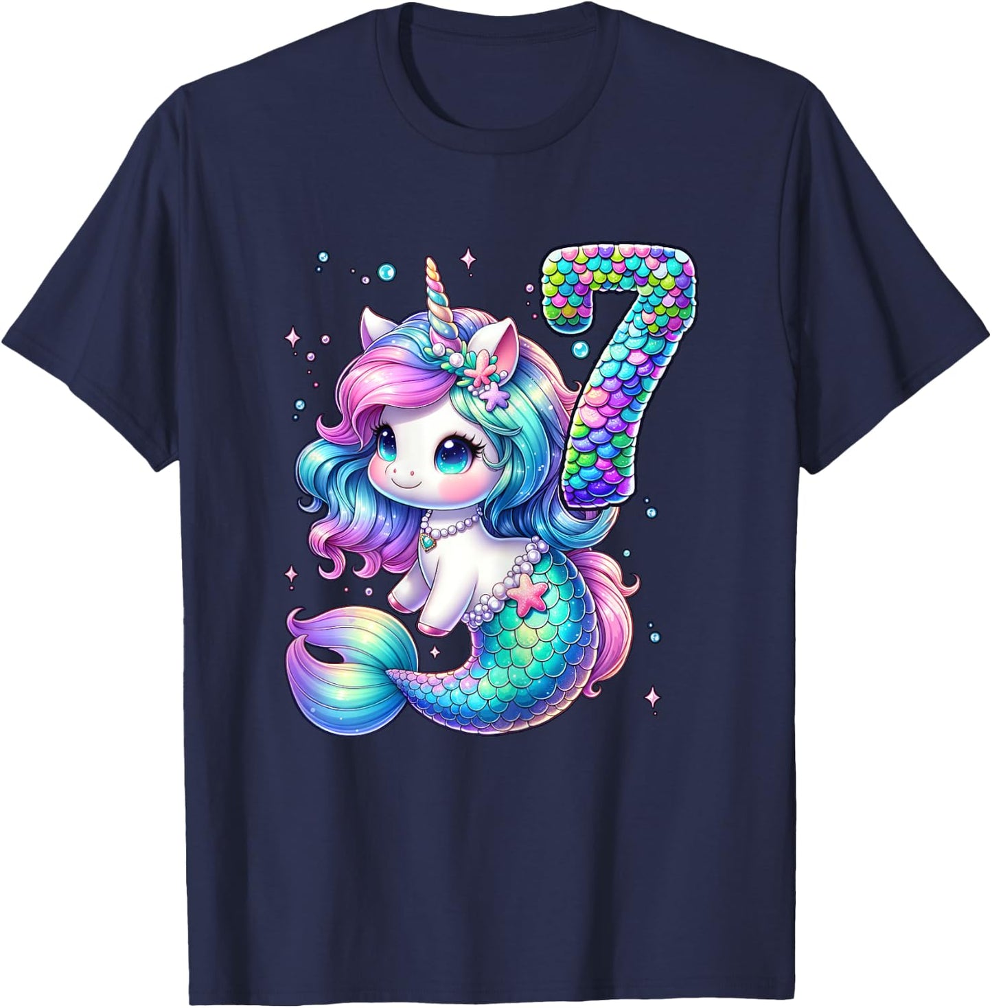 Unicorn Mermaid 7th Birthday 7 Year Old Party Girls Outfit T-Shirt - T-Shirt | Navy