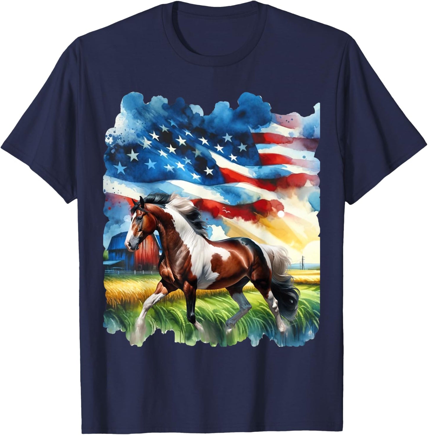 Patriotic Country Paint Horse with American Flag Women Kids Men T-Shirt - T-Shirt | Navy
