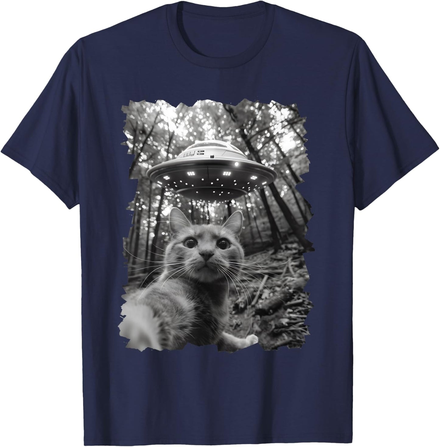 Funny Cat UFO, Funny Alien Cat Selfie UFO for Cats Lovers T-Shirt - T-Shirt | Navy