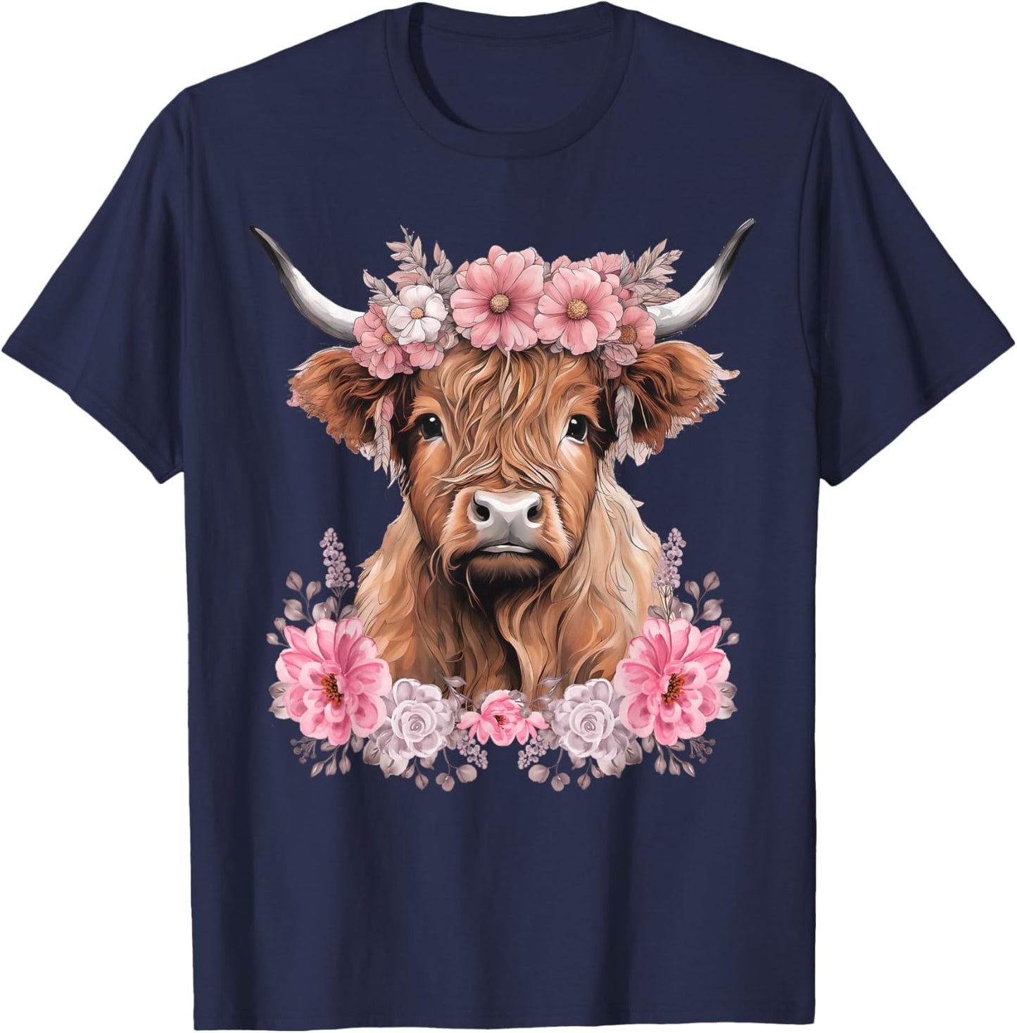 Cute Baby Highland Cow With flowers Calf Animal cow women T-Shirt - T-Shirt | Navy
