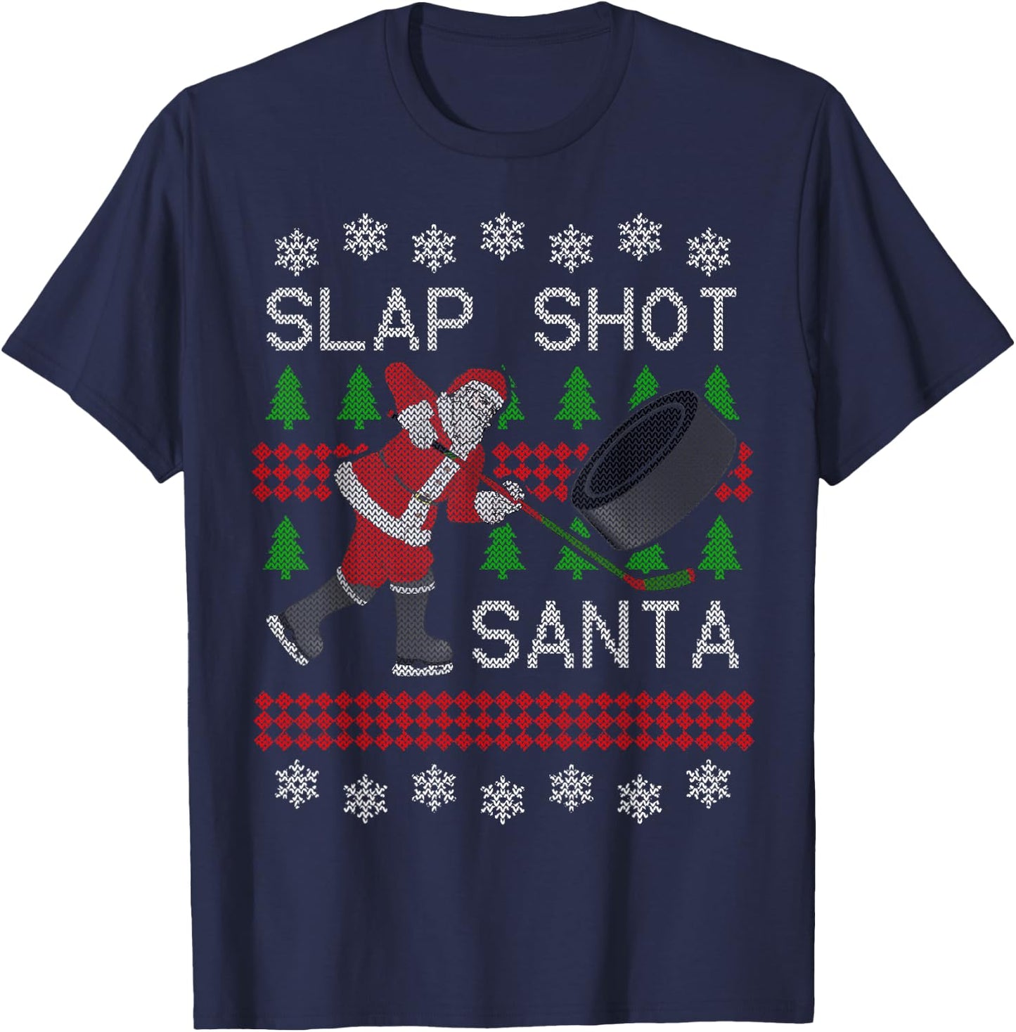 Funny Santa Hockey Puck Ugly Christmas Slap Shot Santa T-Shirt - T-Shirt | Navy