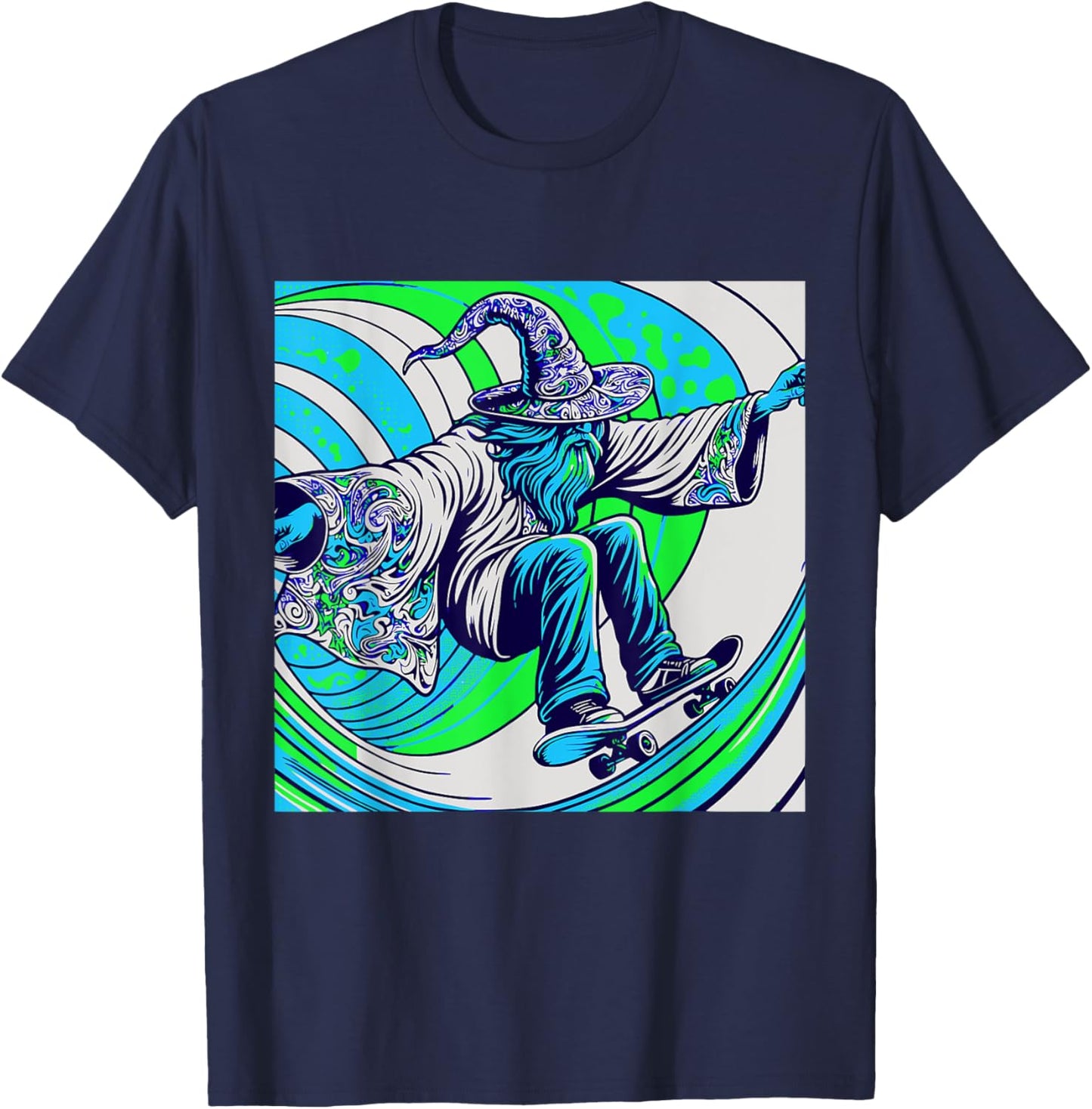 Psychedelic Trippy Rave Colourful Skateboarding Wizard T-Shirt - T-Shirt | Navy