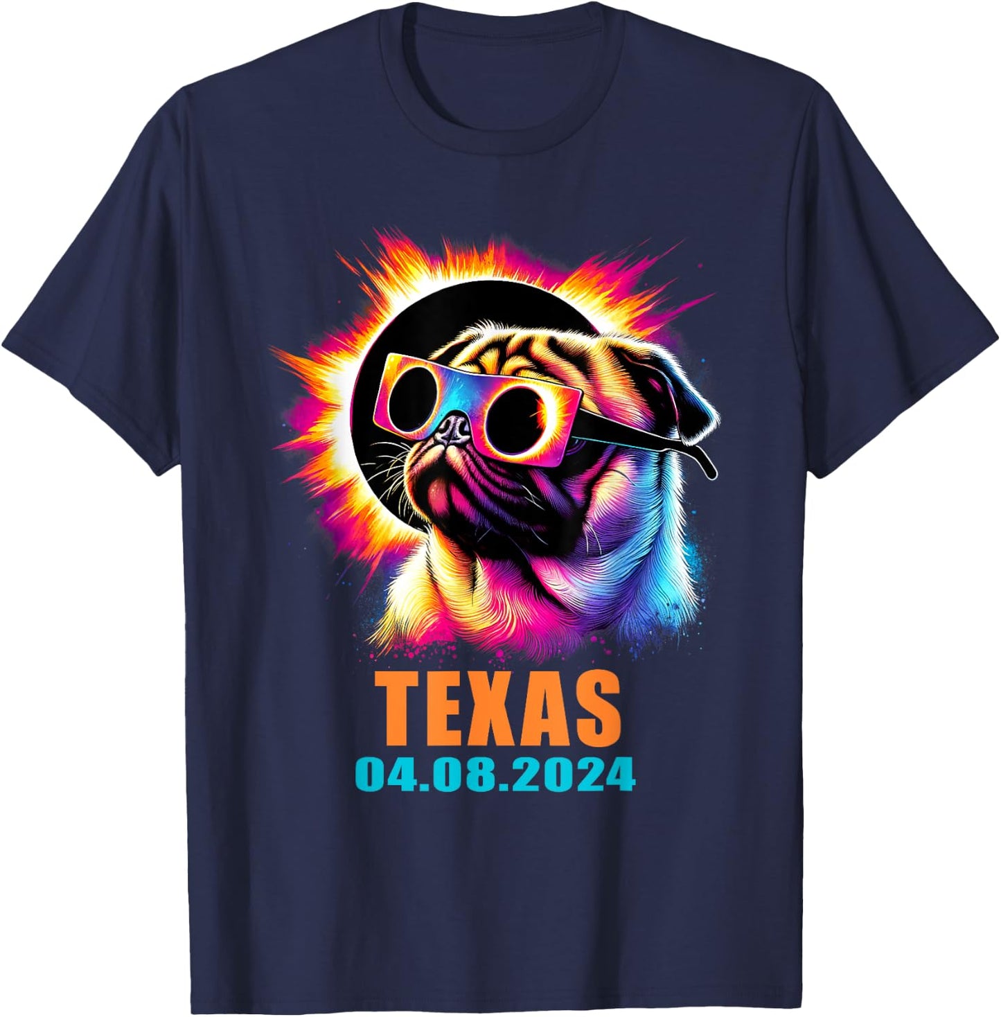 Texas Total Solar Eclipse 2024 Pug Dog With Glasses Women Kids T-Shirt - T-Shirt | Navy