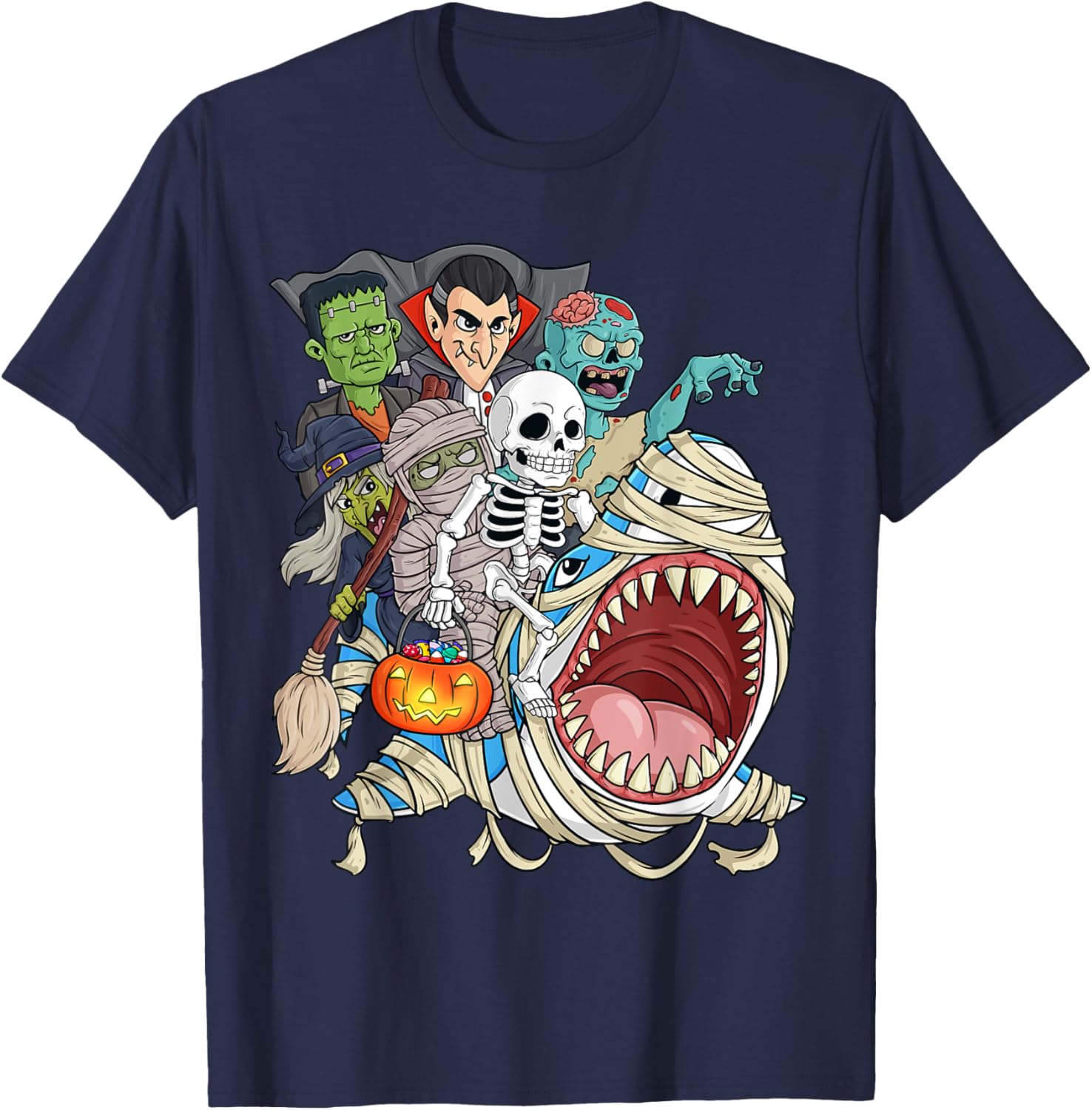 Skeleton Zombie Riding Mummy Shark Vampire Halloween Pumpkin T-Shirt - T-Shirt | Navy