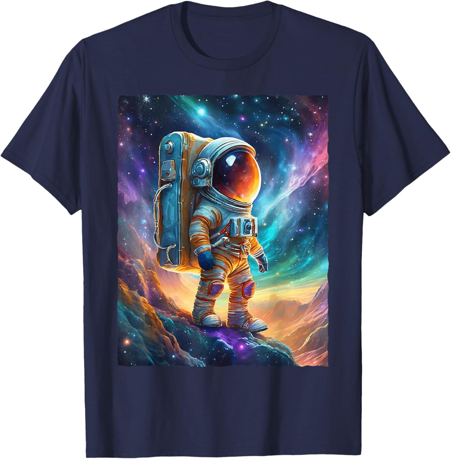 Astronaut Hiking Space Galaxy Nebula Sci-Fi Art T-Shirt - T-Shirt | Navy