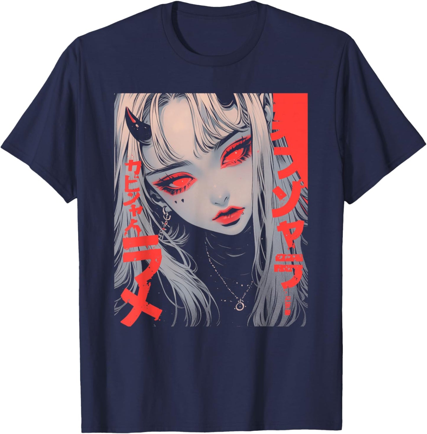 Goth Grunge Demon Anime Girl Waifu Horror Alt Aesthetic T-Shirt - T-Shirt | Navy